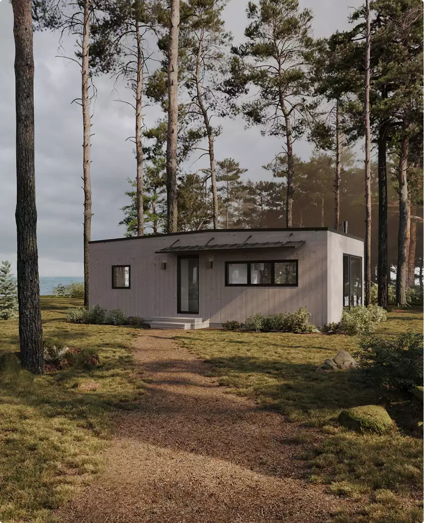 Modern forest house exterior with gravel path leading to wood cabin surrounded by tall trees near water