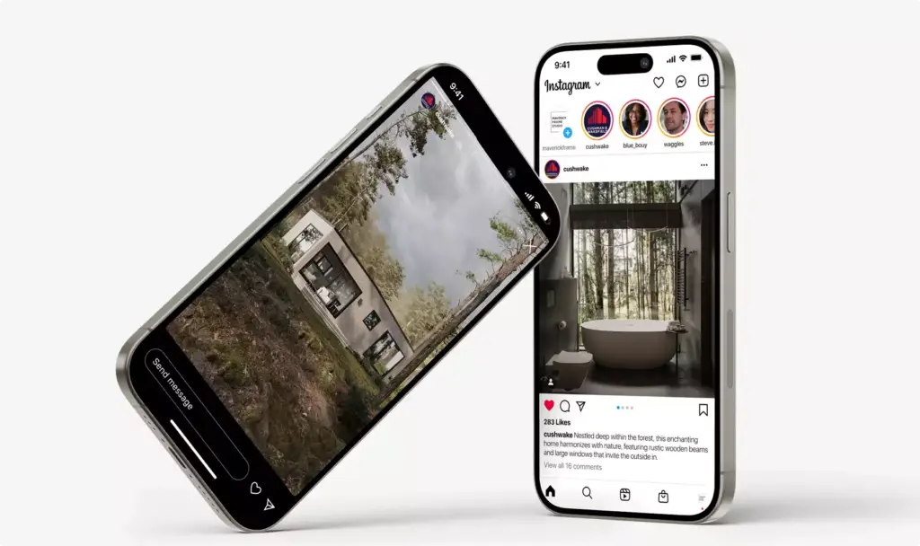 Smartphone screens showing modern forest house exterior and bathroom interior on social media interface