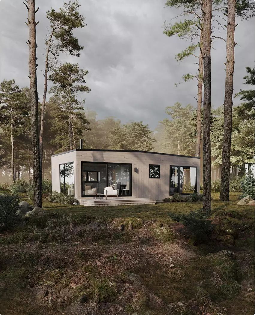 Modern forest house exterior with wood siding, large windows, and small deck among tall pine trees