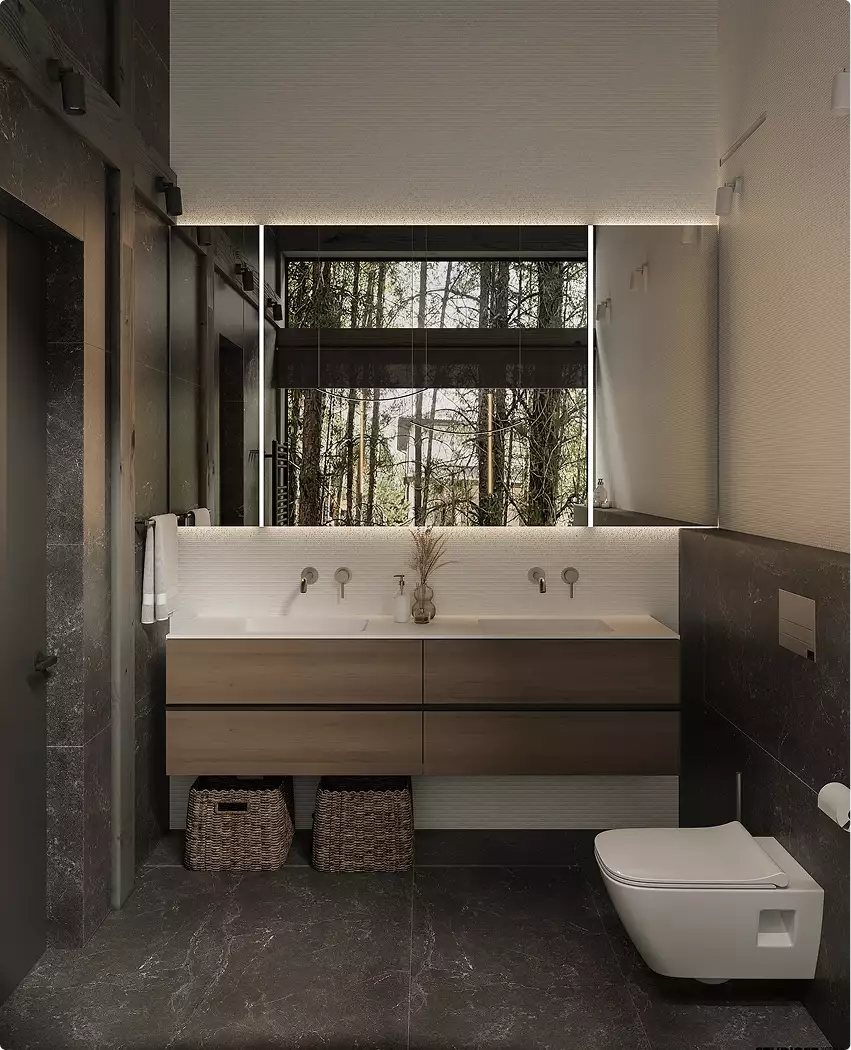 Forest house interior bathroom with double sink vanity, mirror, and window view of trees