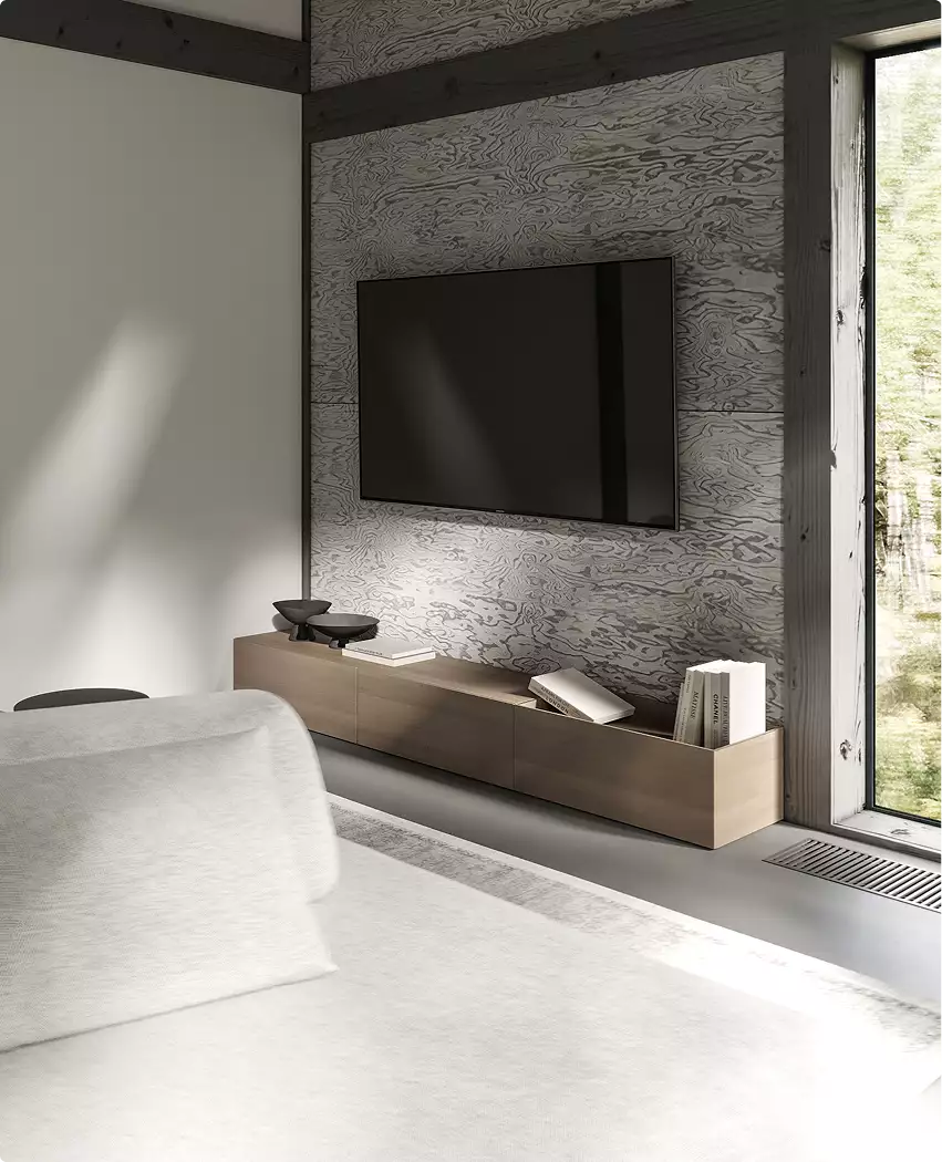 Forest house interior living room with wall mounted TV, wood console, and large window with forest view