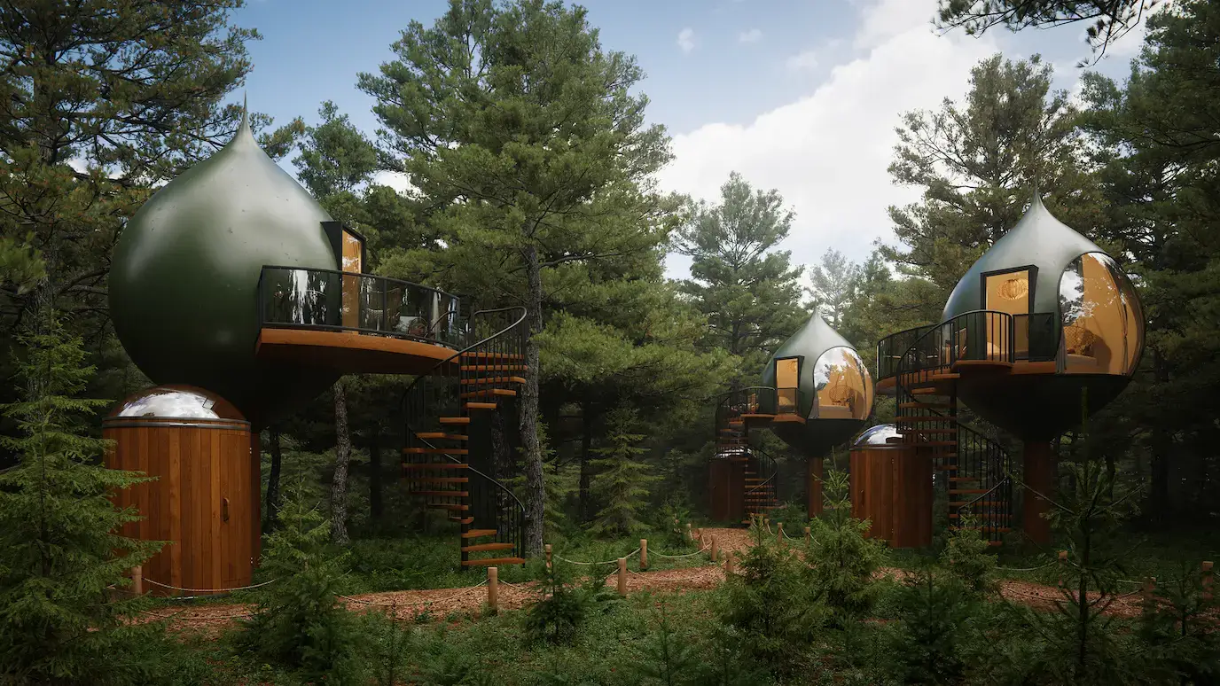 Best AI Rendering Tools for Architectural Rendering Treehouse pods in a pine forest with spiral stairs, best ai renderer