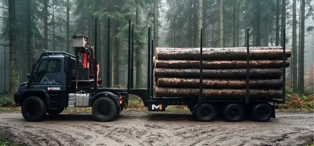 Forestry equipment 3D rendering side view of logging truck loaded with stacked timber