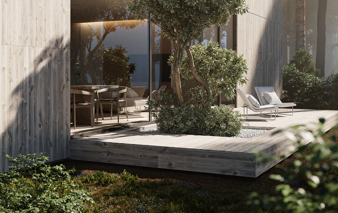 Modern patio in master plan home with wooden deck, outdoor seating, and surrounding greenery