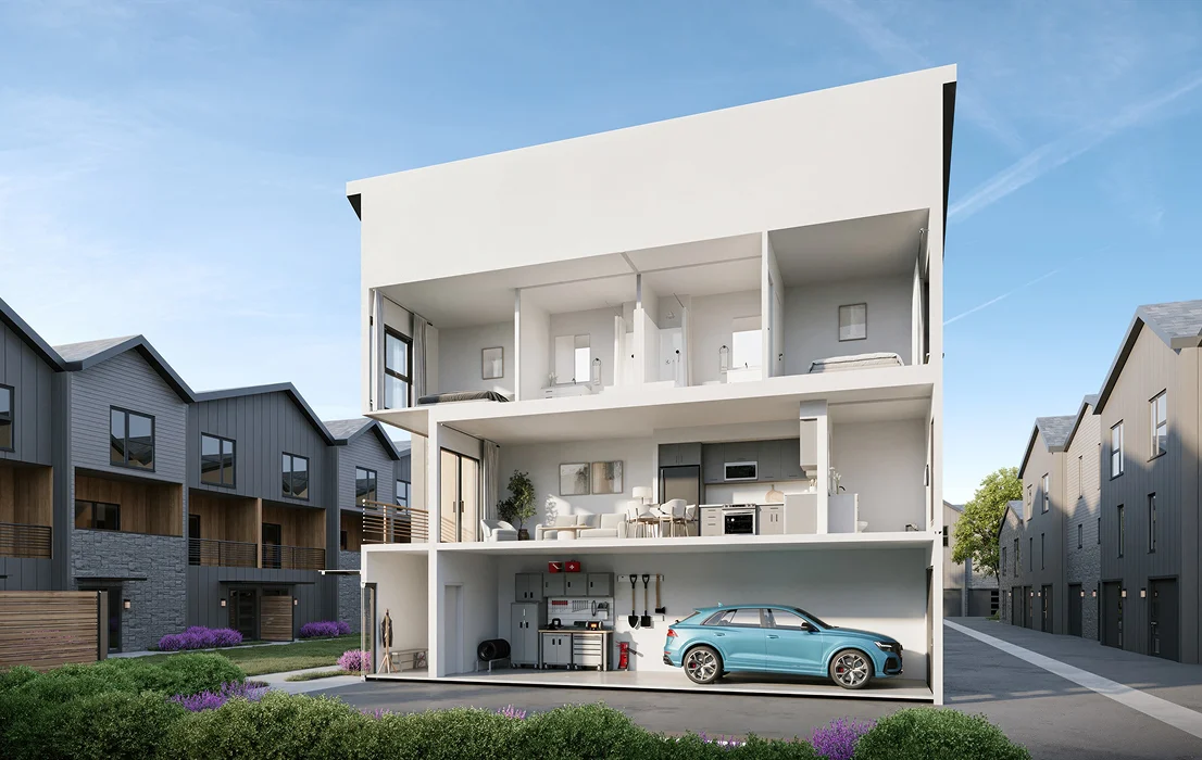 Cutaway master plan house showing interior rooms, garage with car, and multi level layout