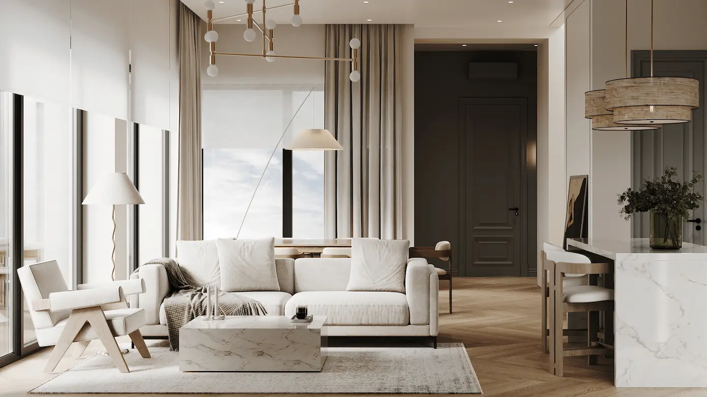 What Is 3D Gaussian Splatting? How It Works and Why It Matters Bright living room with white sofa, marble table, and pendant lights, gaussian splatting