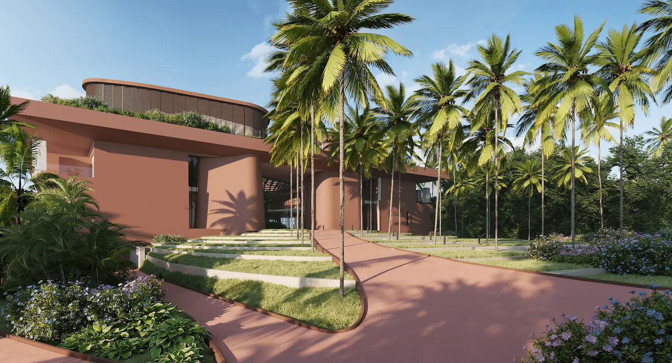 What Is 3D Gaussian Splatting? How It Works and Why It Matters Terracotta modern building with palm-lined drive and gardens, gaussian splatting