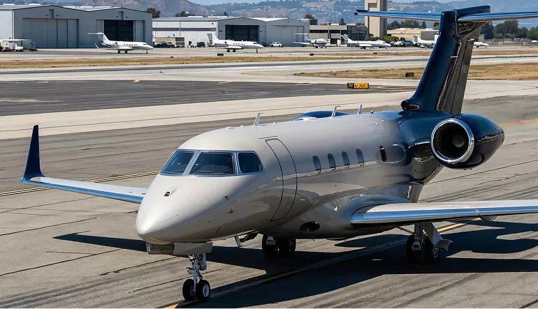 Gulfstream G450 airplane design jet parked on airport apron with hangars and runway in background