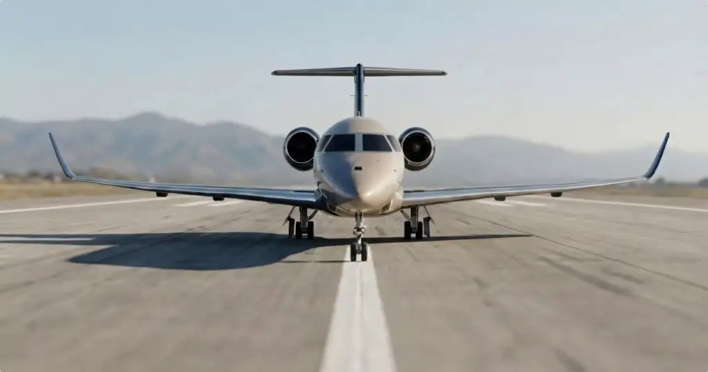 Gulfstream G450 airplane design jet front view on runway centerline with wings extended and engines visible