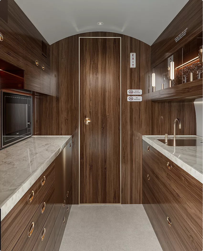 Gulfstream G450 airplane interior design galley with wood cabinets marble counters sink and storage