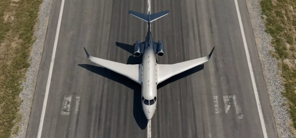 Gulfstream G450 design jet overhead on runway with swept wings and tail casting shadow on pavement