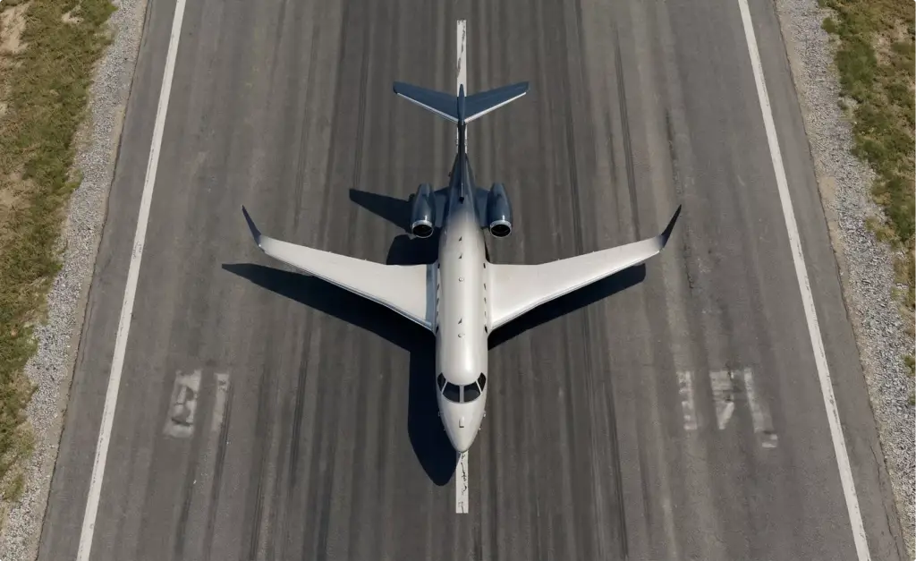 Gulfstream G450 design jet from above on runway centerline with wings spread and twin rear engines