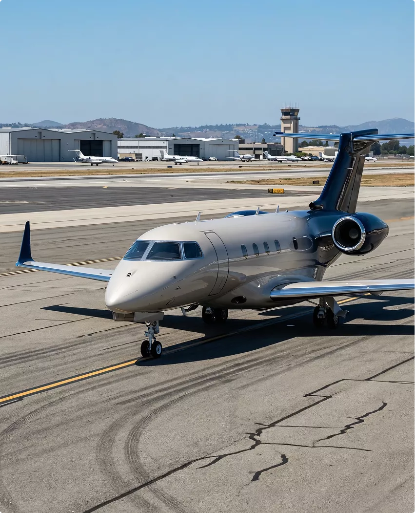 Gulfstream G450 new aircraft design jet parked on runway with hangars and control tower in background