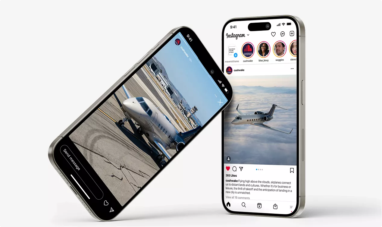 Smartphones displaying Gulfstream G450 new aircraft design images and social media interface on screens