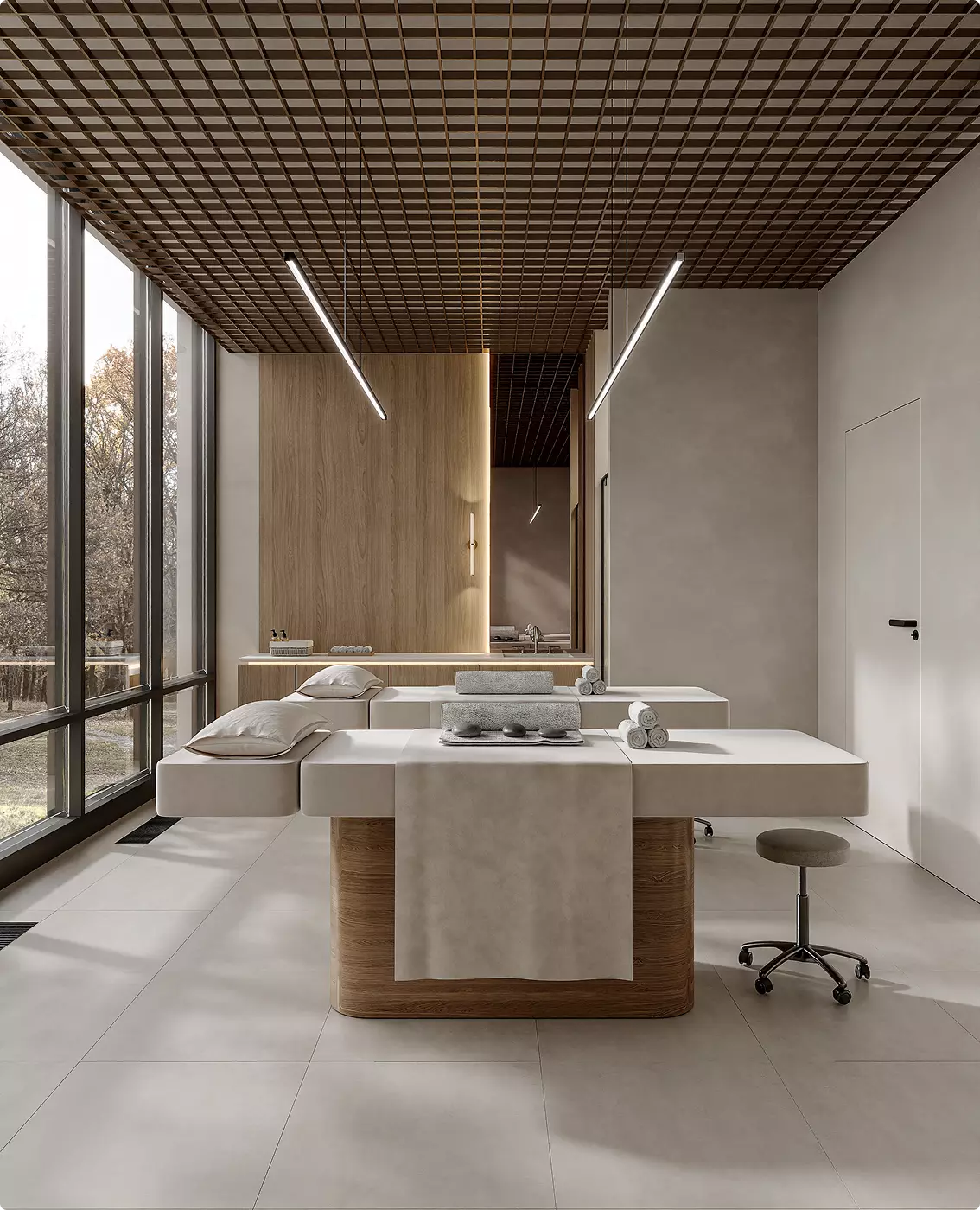 Massage room gym 3D visualization with treatment tables, towels, and large windows