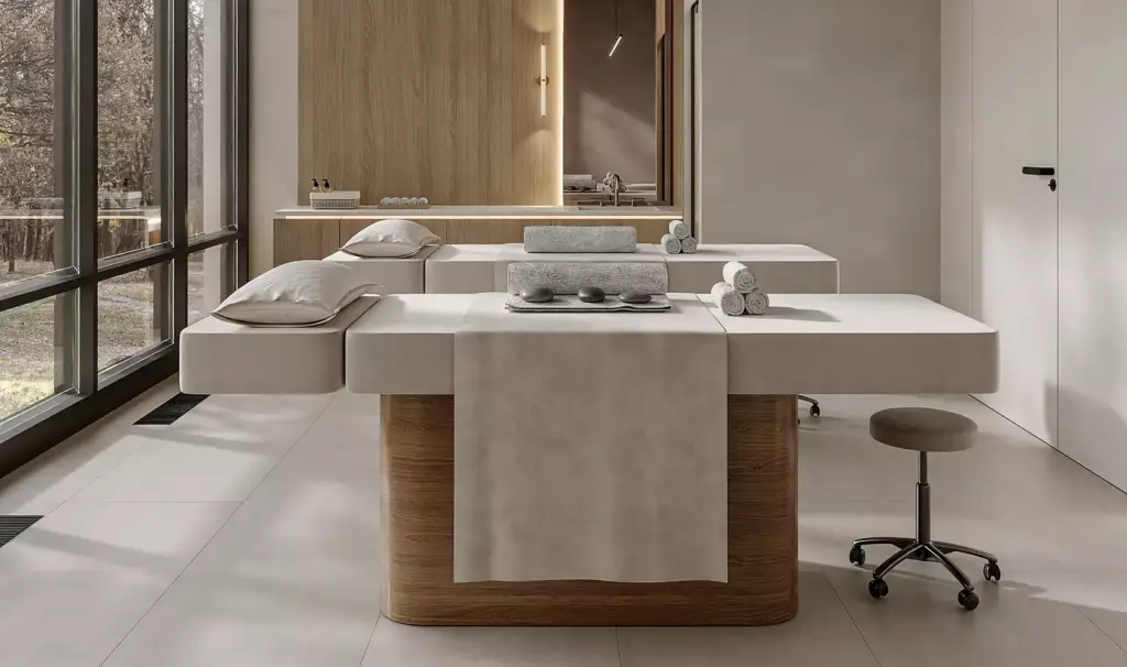 Massage tables gym 3D visualization with folded towels, stool, and minimalist interior