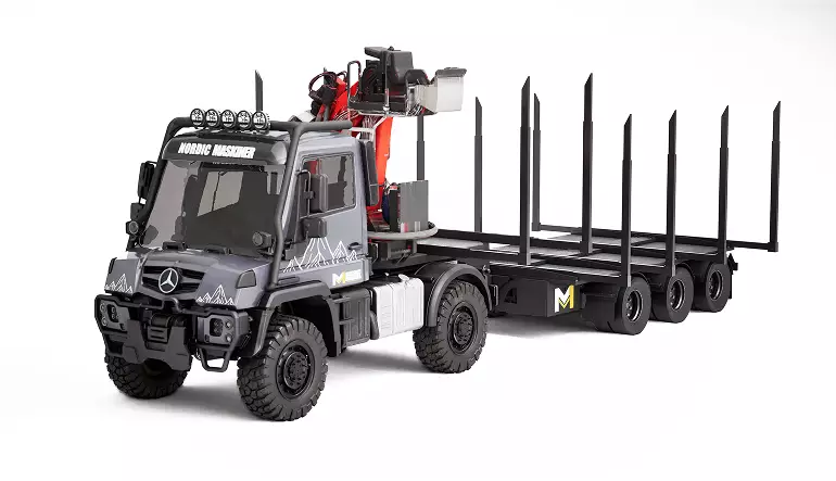 3D render of an off-road logging truck with crane — heavy machinery CGI