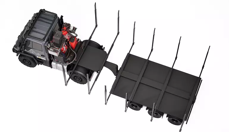 Heavy machinery 3D rendering top view of logging truck with trailer and vertical support stakes