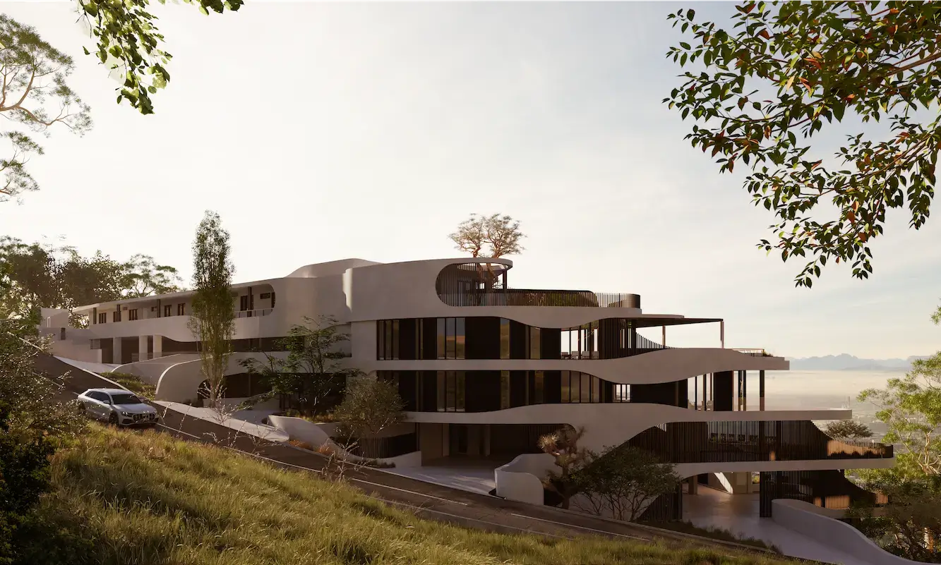 Best AI Rendering Tools for Architectural Rendering Curved hillside villa at sunset with terraces and trees, architectural rendering