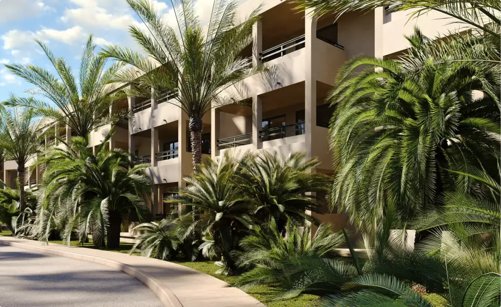 Hotel 3D rendering of building facade with balconies, palm trees and lush landscaping along walkway