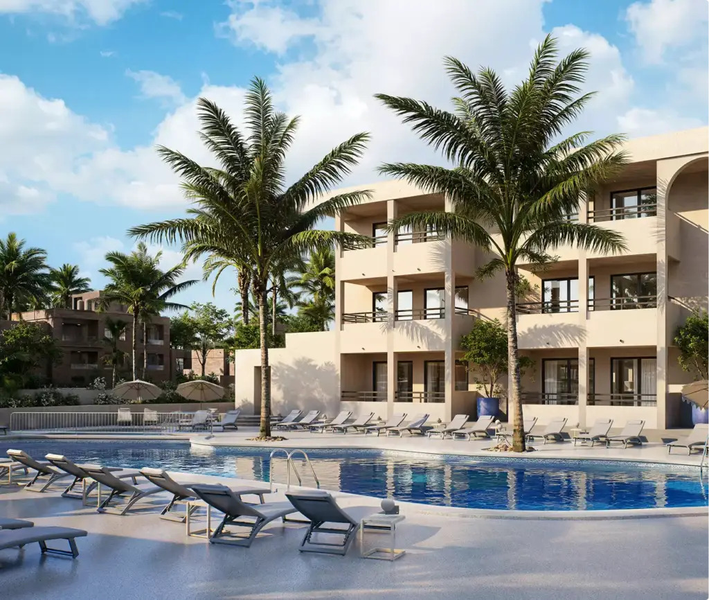 Hotel 3D rendering of resort pool with palm trees, lounge chairs and beige buildings under blue sky