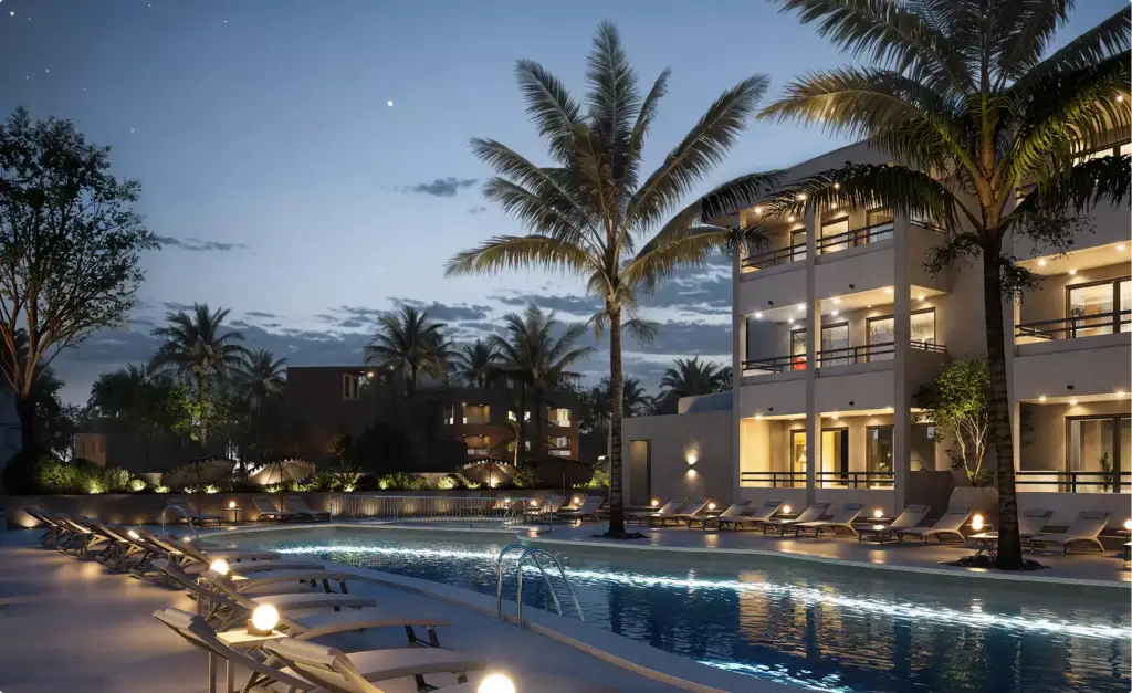 Hotel 3D rendering of resort pool at night with palm trees, lit paths and multi story buildings