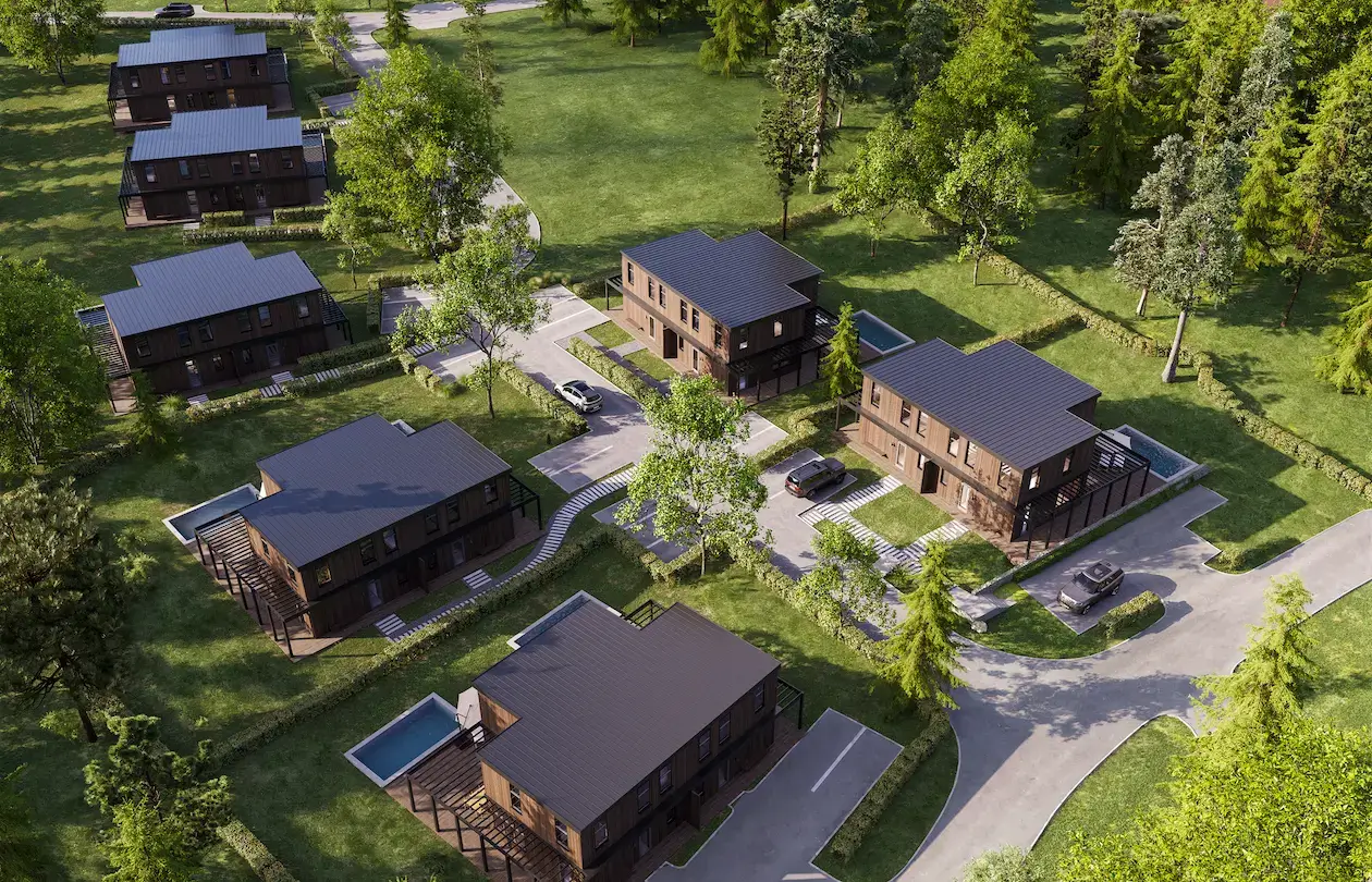 Best AI Rendering Tools for Architectural Rendering Aerial view of a housing cluster in greenery with roads and pools, ai rendering tools