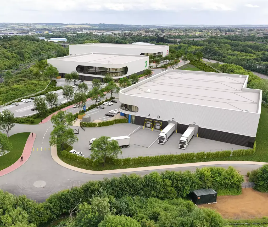 Industrial 3D rendering aerial view of warehouse complex with loading docks, trucks, parking, and trees