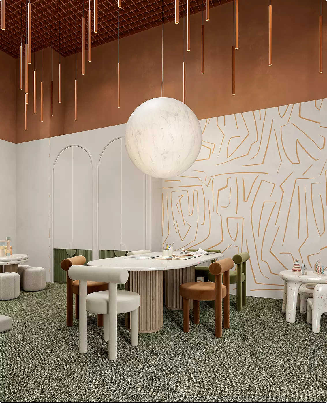 Creative kids room fitness center architectural design with tables, chairs, and decorative wall patterns