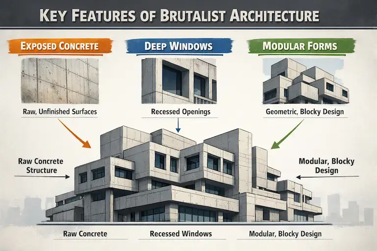 What Is Brutalist Architecture, and Why Is It So Controversial? key features of brutalist architecture including exposed concrete deep windows and modular forms