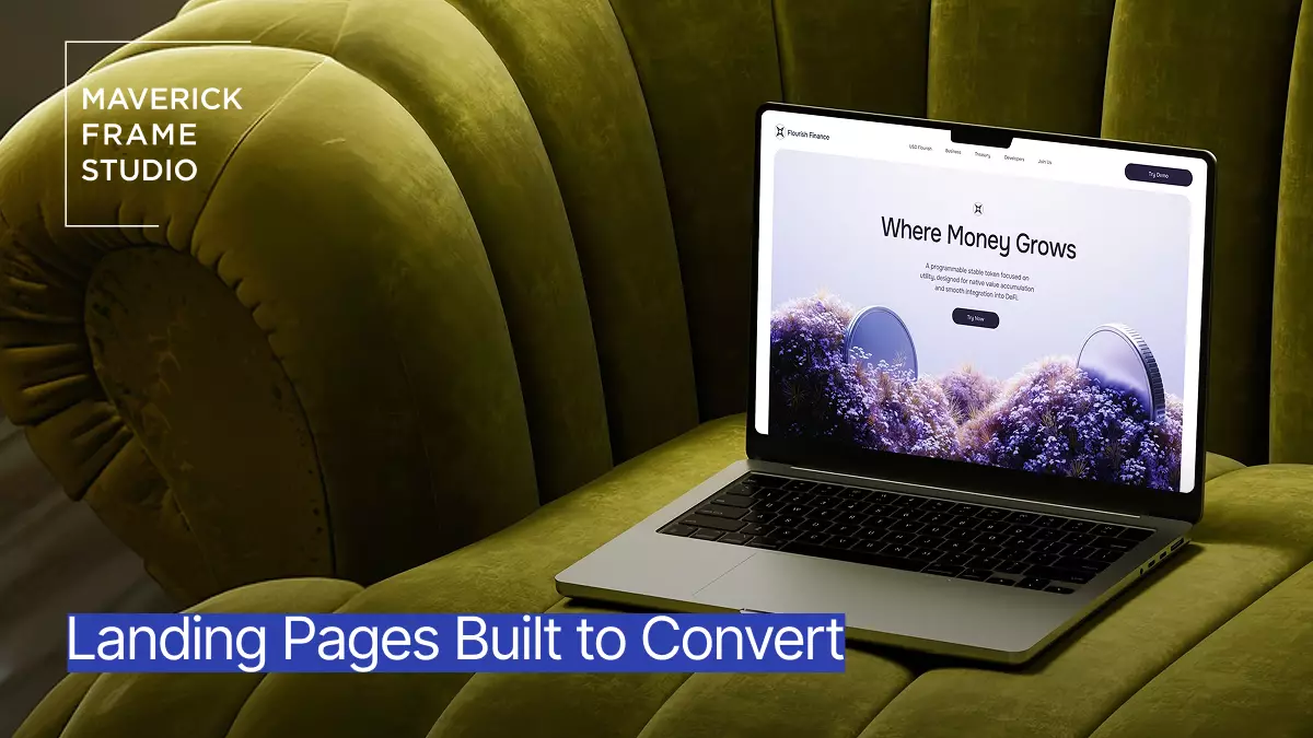 Laptop on green sofa with landing page design and promotional text overlay for Maverick Frame Studio