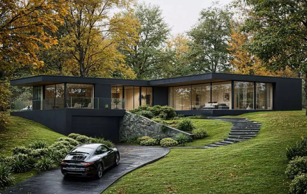 Landscape Rendering Services black modern home with curved driveway and autumn landscape