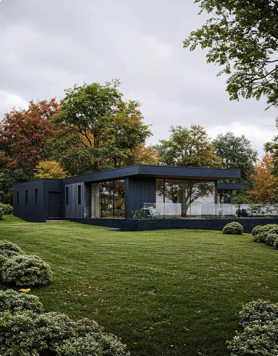 Landscape Rendering Services modern black residence surrounded by trimmed shrubs and autumn trees