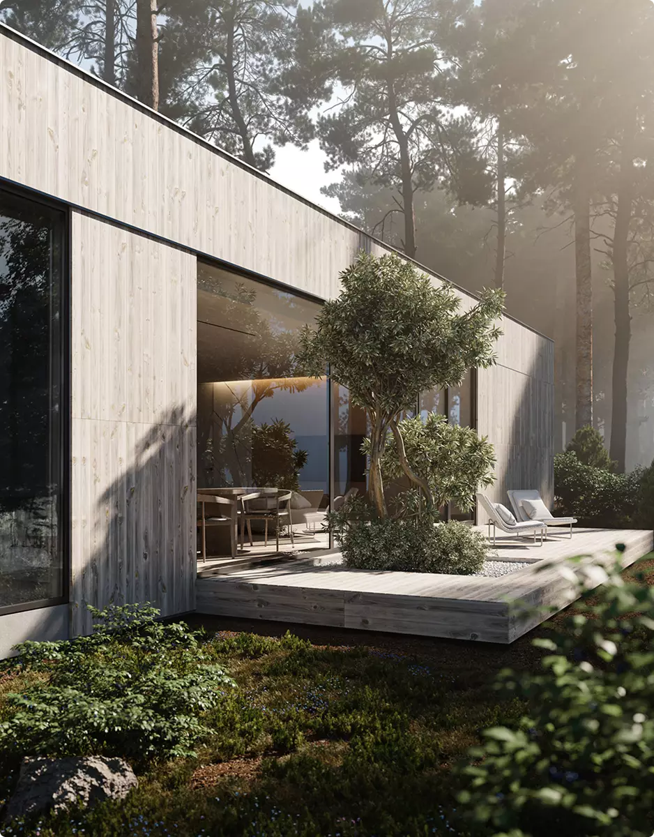 Landscape Rendering Services outdoor deck beside modern cabin with trees and lounge chairs