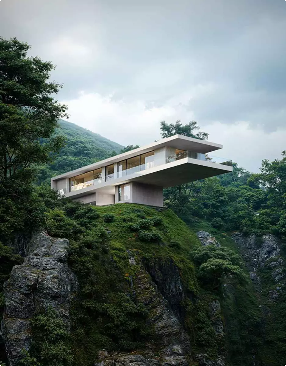 Landscape Rendering Services modern cliffside house above forest canyon under cloudy sky