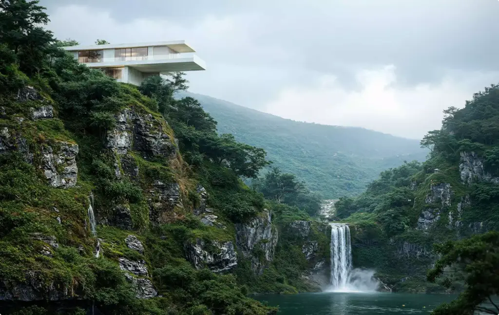 Landscape Rendering Services cliffside modern home above waterfall and forested canyon