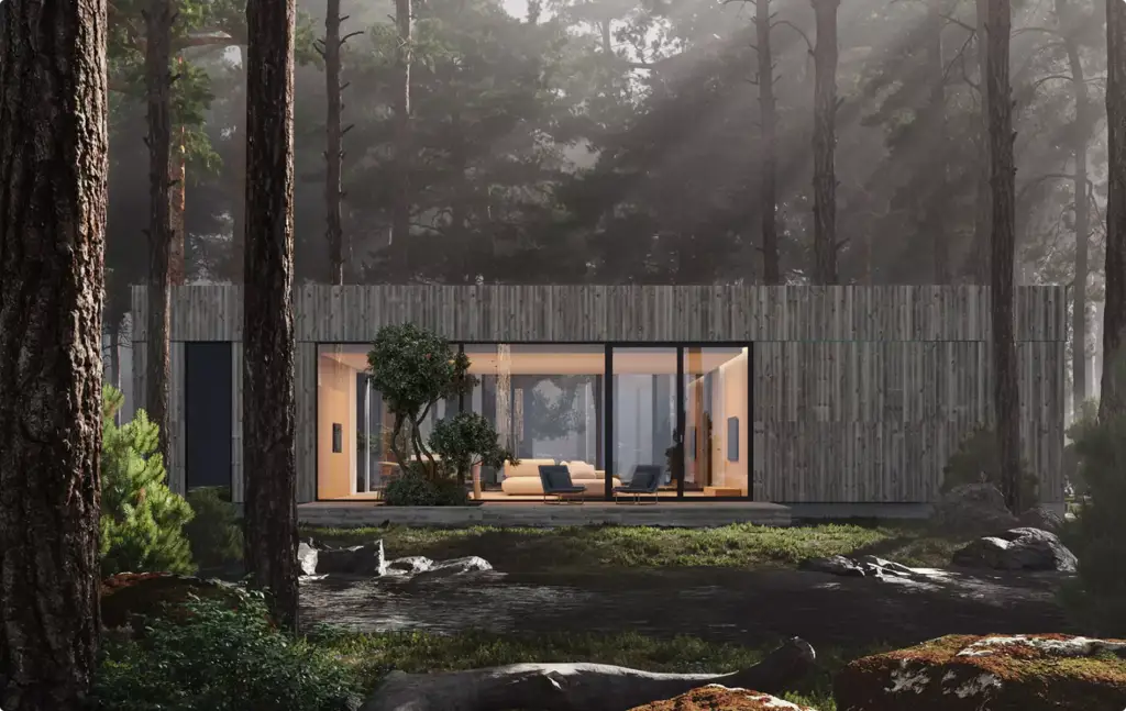Landscape Rendering Services modern cabin beside forest pond with tall pine trees and glass walls