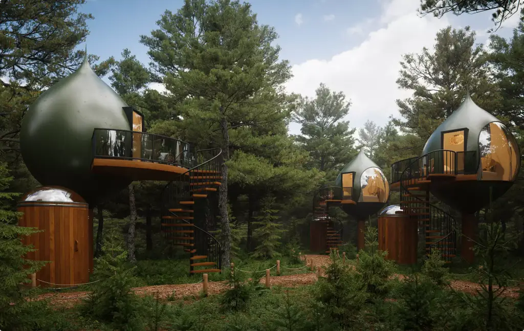 Landscape Rendering Services elevated pod cabins in pine forest with spiral staircases and trails
