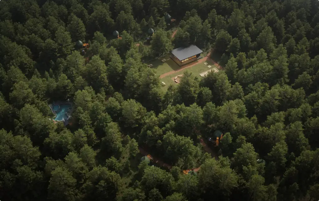 Landscape Rendering Services forest retreat with cabins, trails, and central gathering space