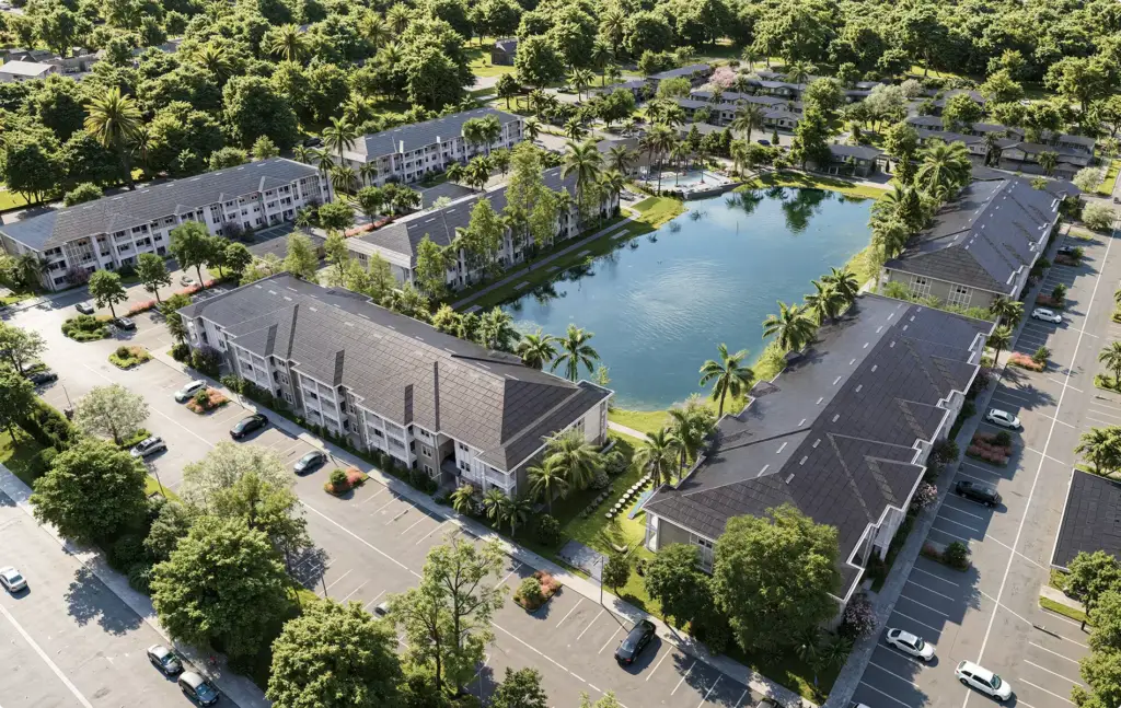 Landscape Rendering Services aerial view of lakeside apartment complex with palm trees and parking areas