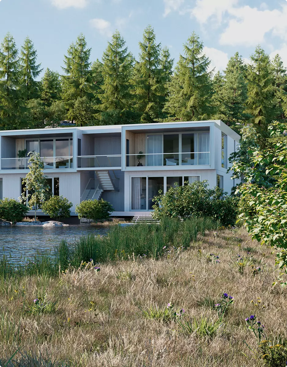 Landscape Rendering Services modern lakeside apartments surrounded by trees and native grasses