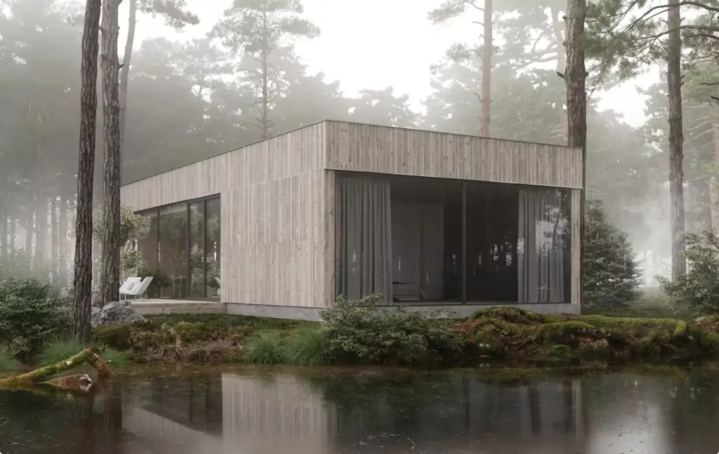 Landscape Rendering Services modern wood cabin beside reflective pond in misty pine forest
