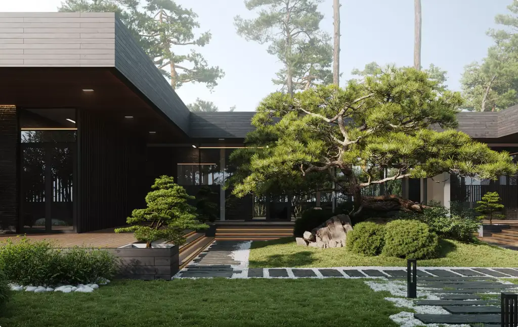 Landscape Rendering Services modern home courtyard with bonsai trees and stone garden path