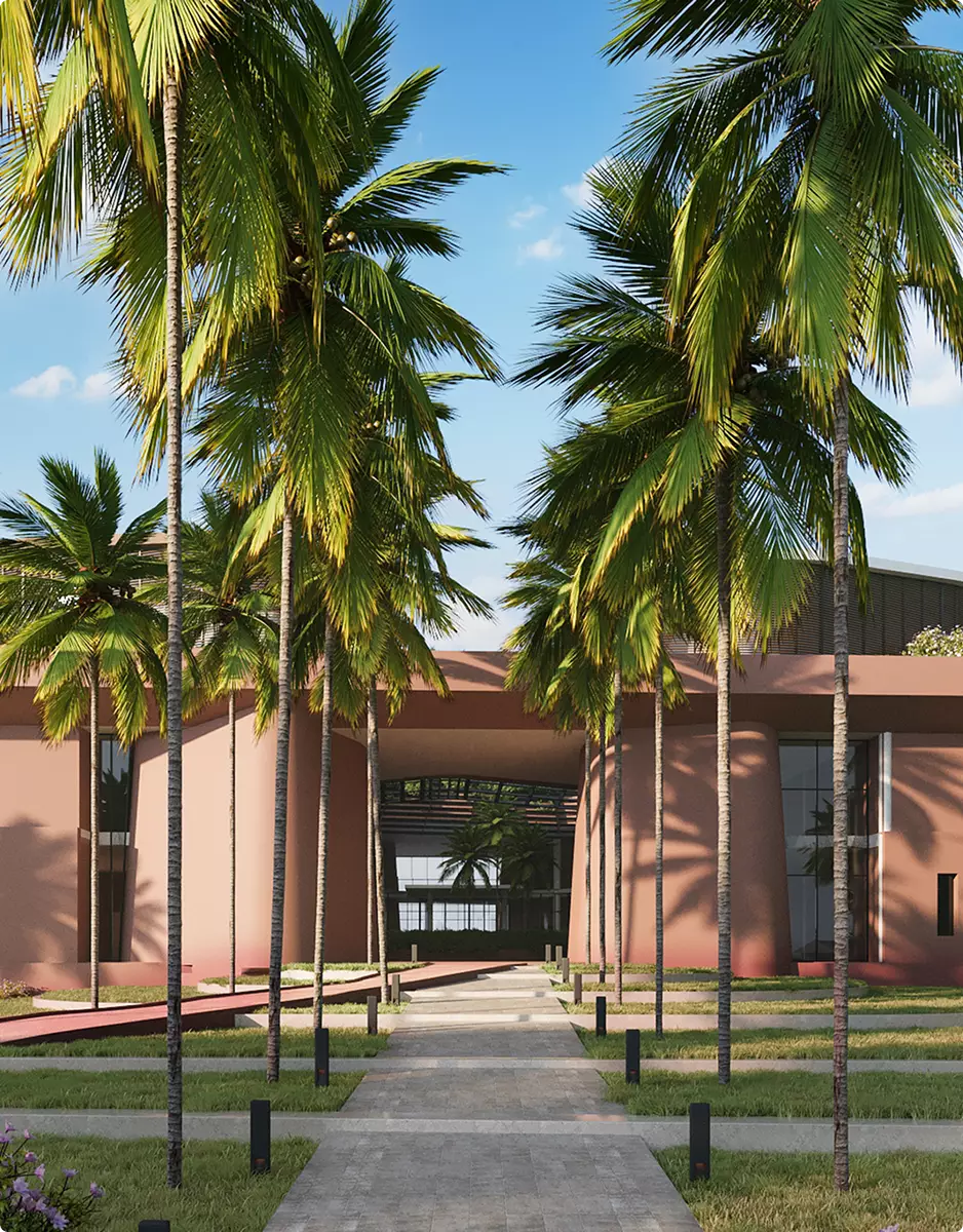 Landscape Rendering Services palm-lined entrance walkway leading to modern tropical building