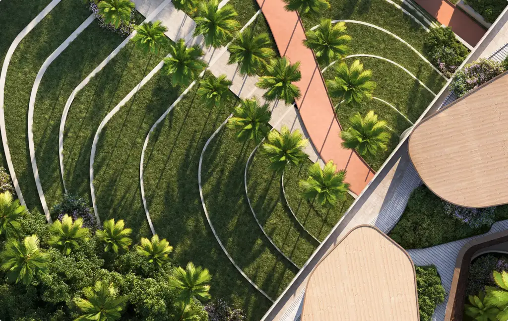 Landscape Rendering Services aerial view of curved walkways and palm tree landscape design
