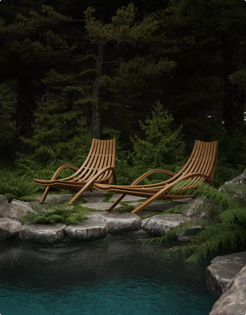 Landscape Rendering Services curved wooden lounge chairs beside natural pool in forest setting