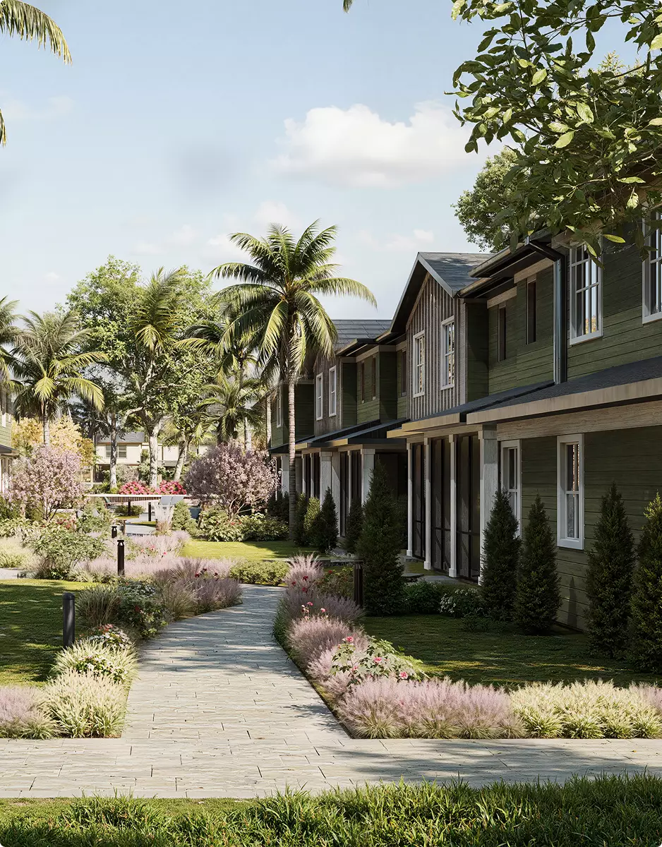 Landscape Rendering Services walkway between modern townhomes with tropical plants and palm trees