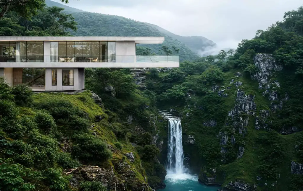 Landscape Rendering Services modern house overlooking waterfall and green mountain valley