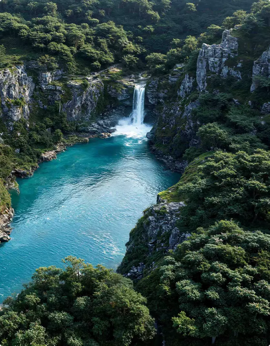 Landscape Rendering Services turquoise waterfall pool surrounded by rocky forest landscape