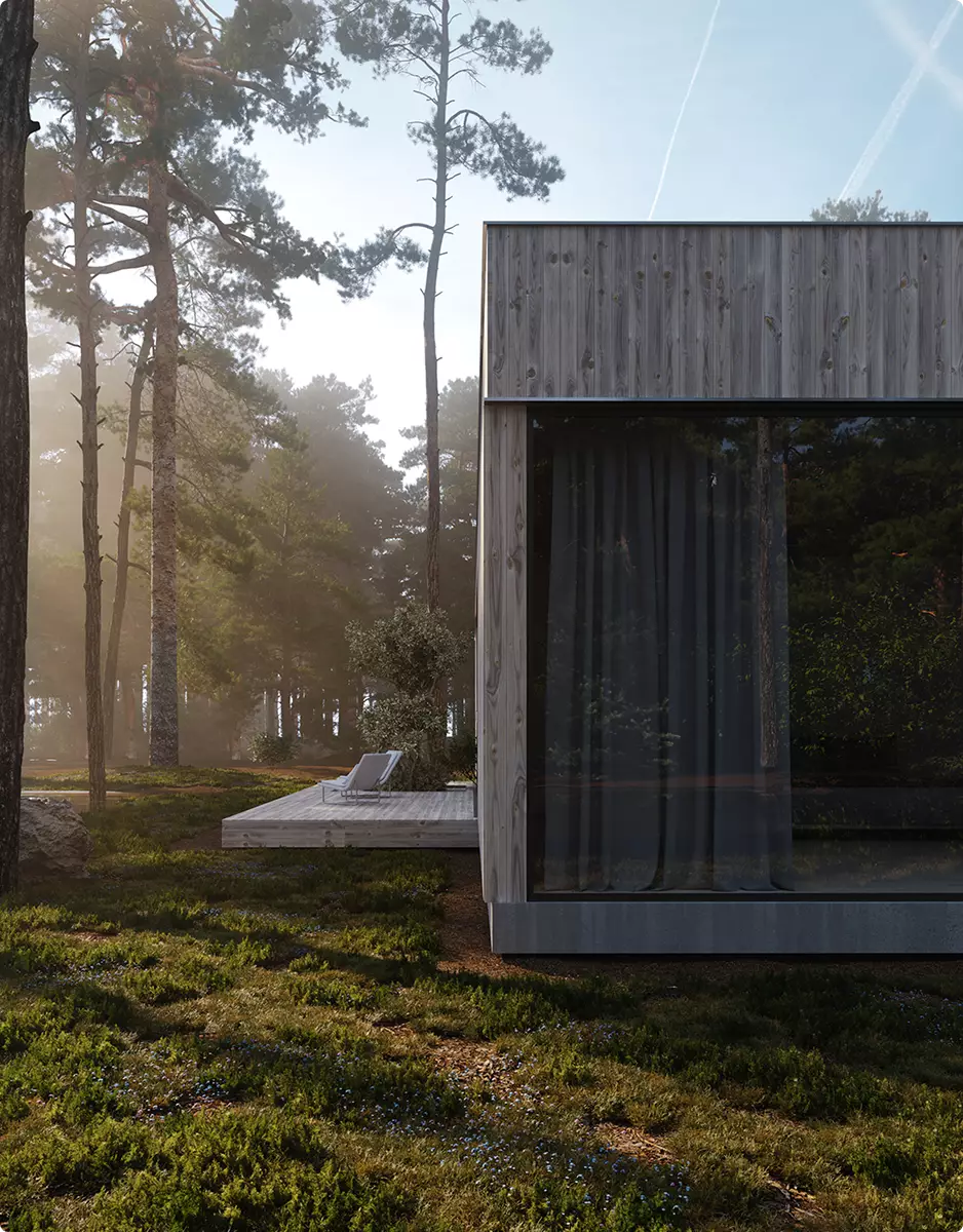 Landscape Rendering Services wood cabin deck surrounded by pine forest and morning sunlight